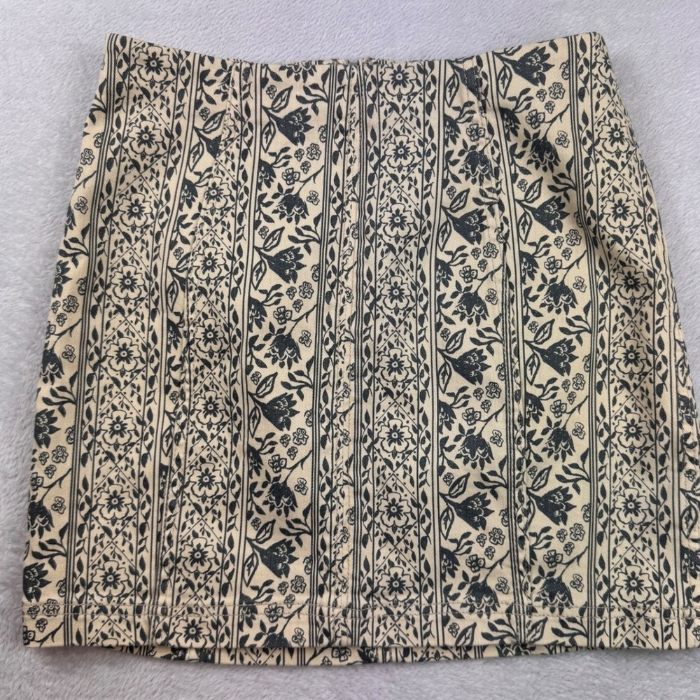 Free People Floral Stripe Denim Mini Skirt Cream Black Size 6 Boho High Waist